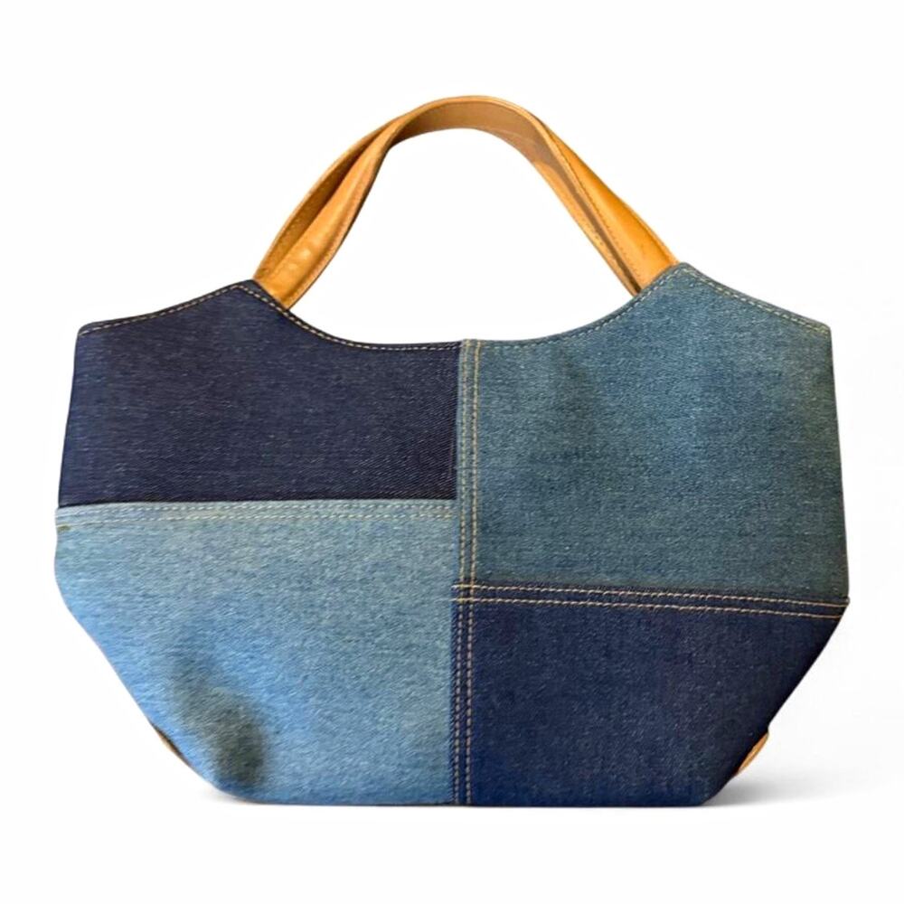 Bisou Bisou Patchwork Denim Purse Handbag Blue Leather Handles VTG y2k